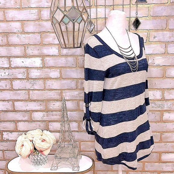 Pandemonium Navy & Grey Stripped Scoop Neck Sweater w/ Front Pocket, Sz. S - Picture 5 of 10